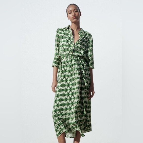 Zara Geometric Print Belted Midi Dress Green/Black/White Size M — 100% Viscose - Picture 1 of 9